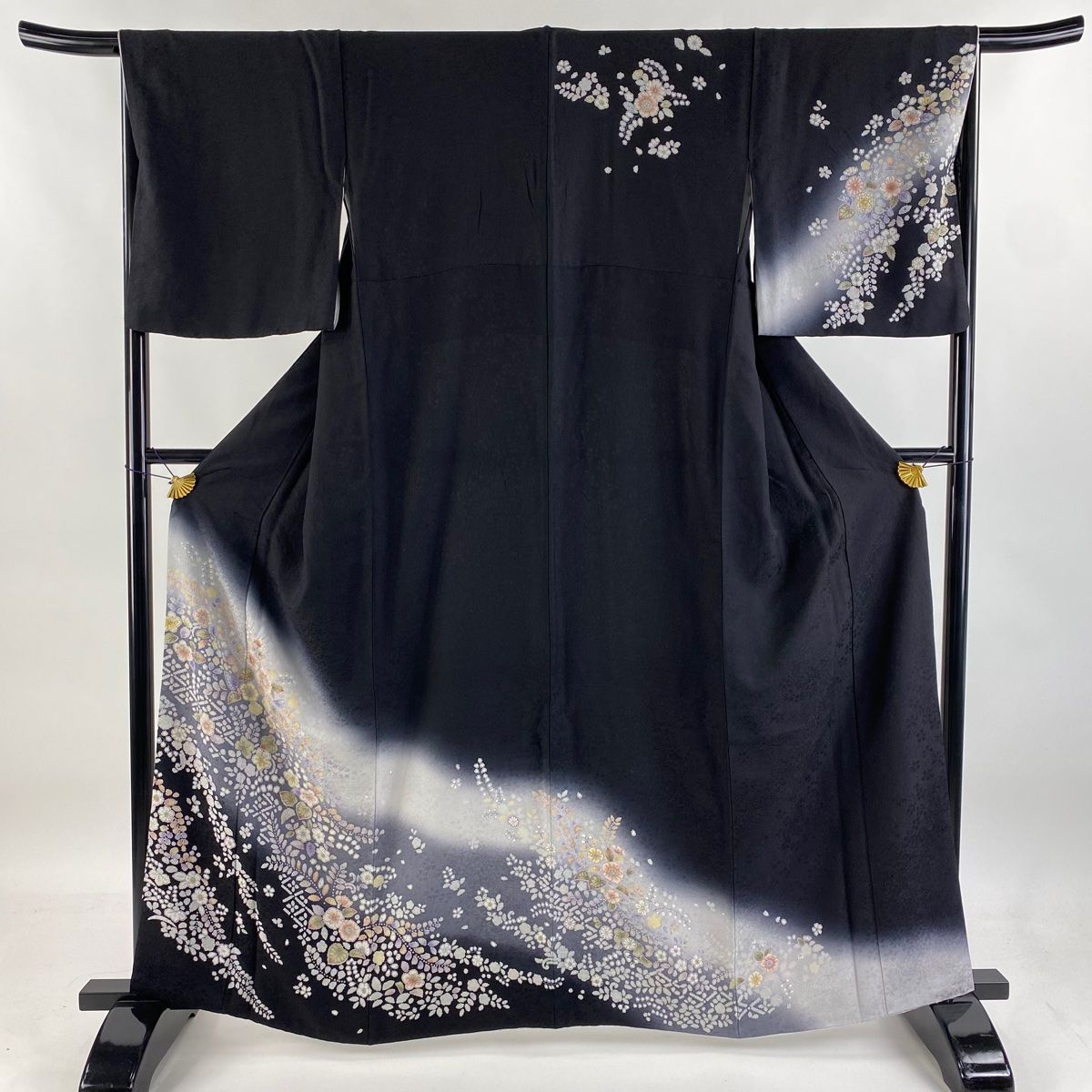 訪問着 身丈163.5cm 裄丈66cm M 袷 辻が花柄 地紋 ぼかし 黒 正絹 名品
