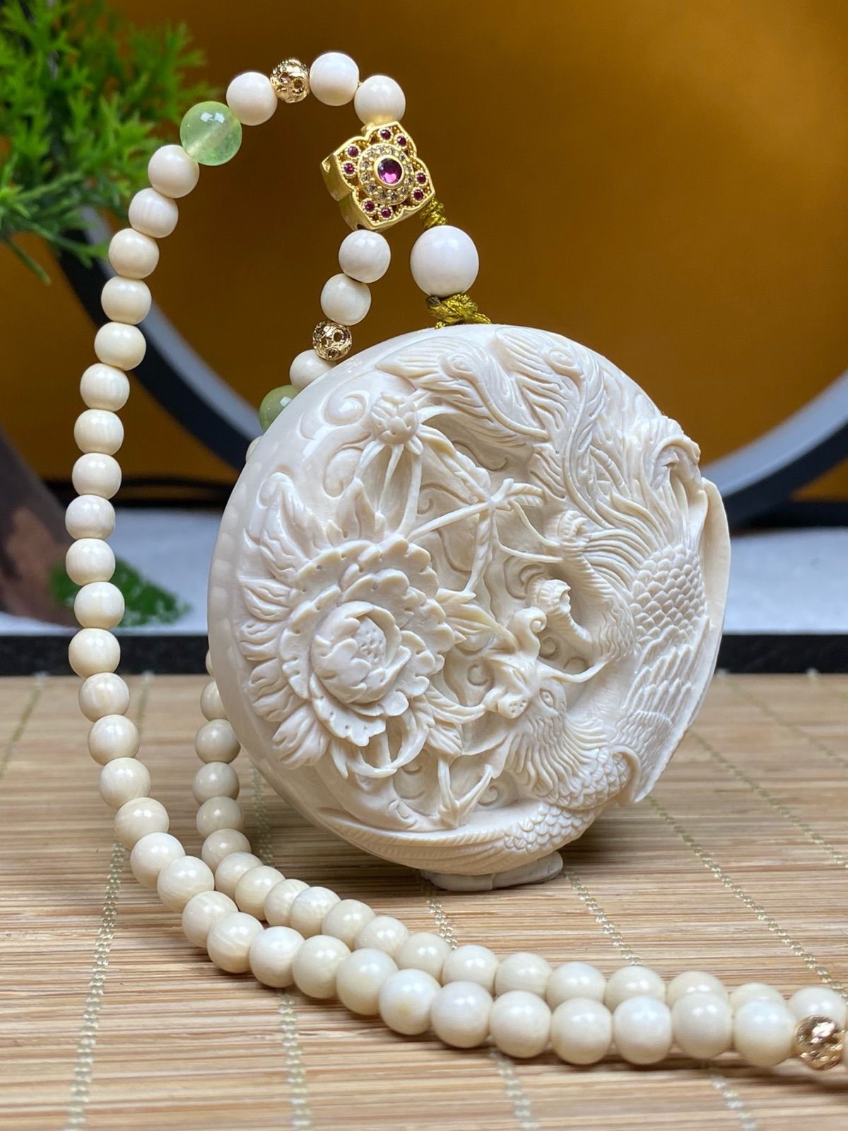 天然マンモス牙美しい手作り彫刻 鳳舞九天 ネックレス - メルカリ