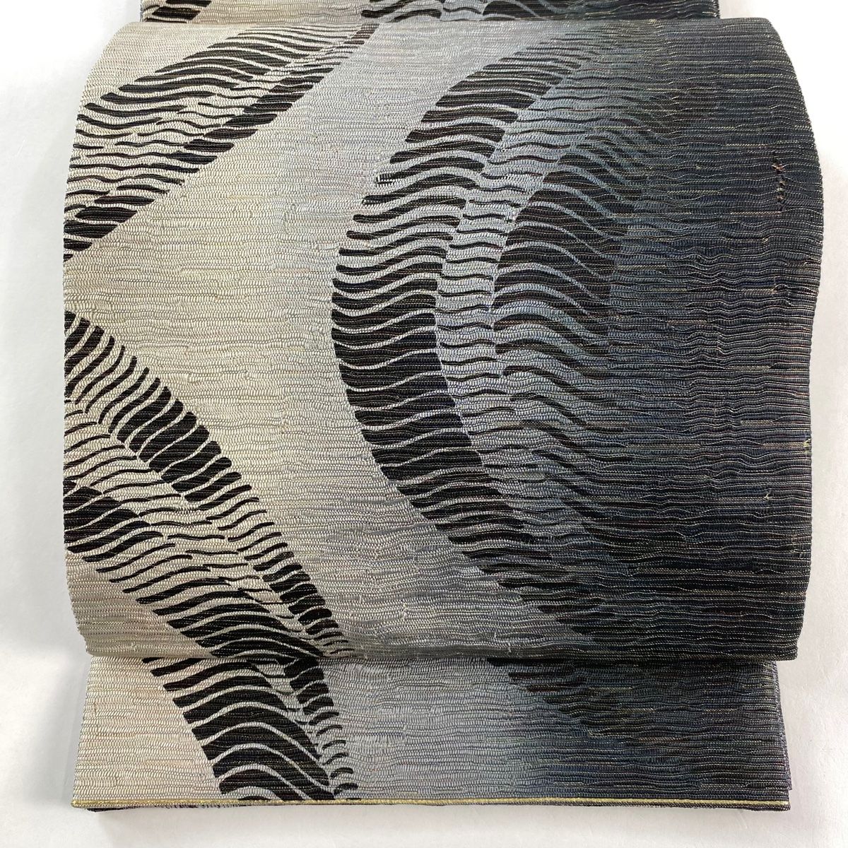 袋帯 名品 幾何学模様 金糸 ぼかし 黒灰 全通 正絹