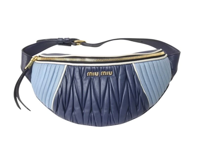 MIUMIU ミュウミュウ マテラッセ レザー ウエストバッグ ブルー ネイビー ボディバッグ ロゴ ツートーン ゴールド金具 4b002786
