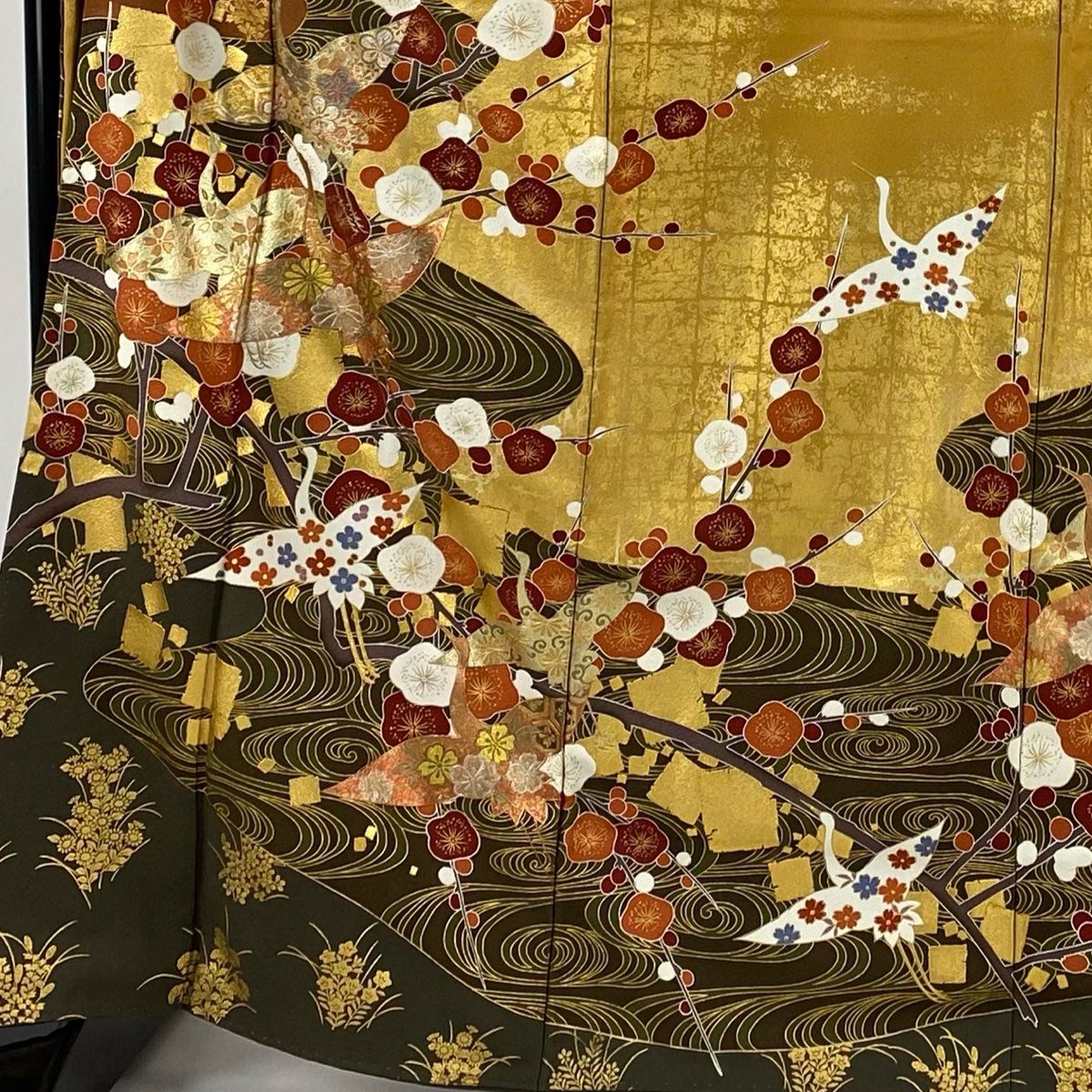 振袖 秀品 袋帯フルセット 花車 熨斗 金糸 金彩 茜色 袷 身丈165.5cm 裄