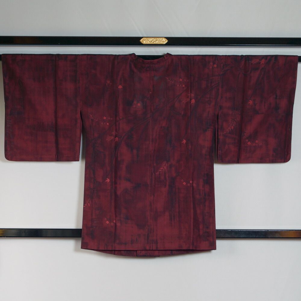 夏物 道行 紗袷 Sサイズ 枝葉模様 黒・真朱色系 正絹 無双 二重紗 紗 