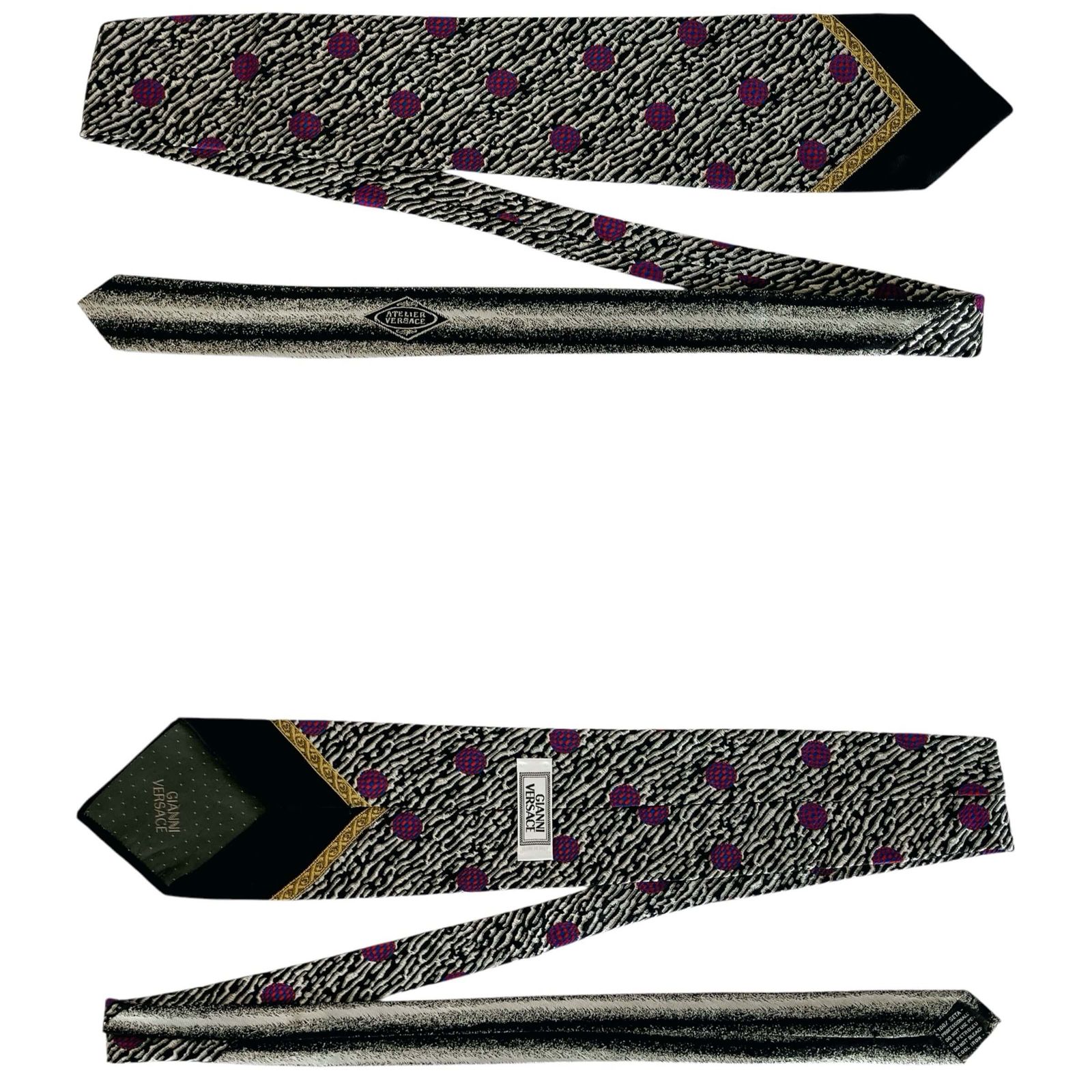 GIANNI VERSACE ジャンニ ヴェルサーチ バロック ドット フレーム柄 シルク ワイド ネクタイ ブラック ゴールド カジュアル イタリア製 当時物 GIANNI VERSACE ジャンニ ヴェルサーチ バロック ドット フレーム柄