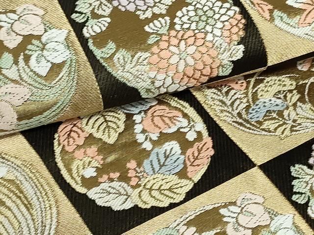 平和屋着物○西陣 服部織物謹製 六通柄袋帯 唐織 市松草花丸文 金糸