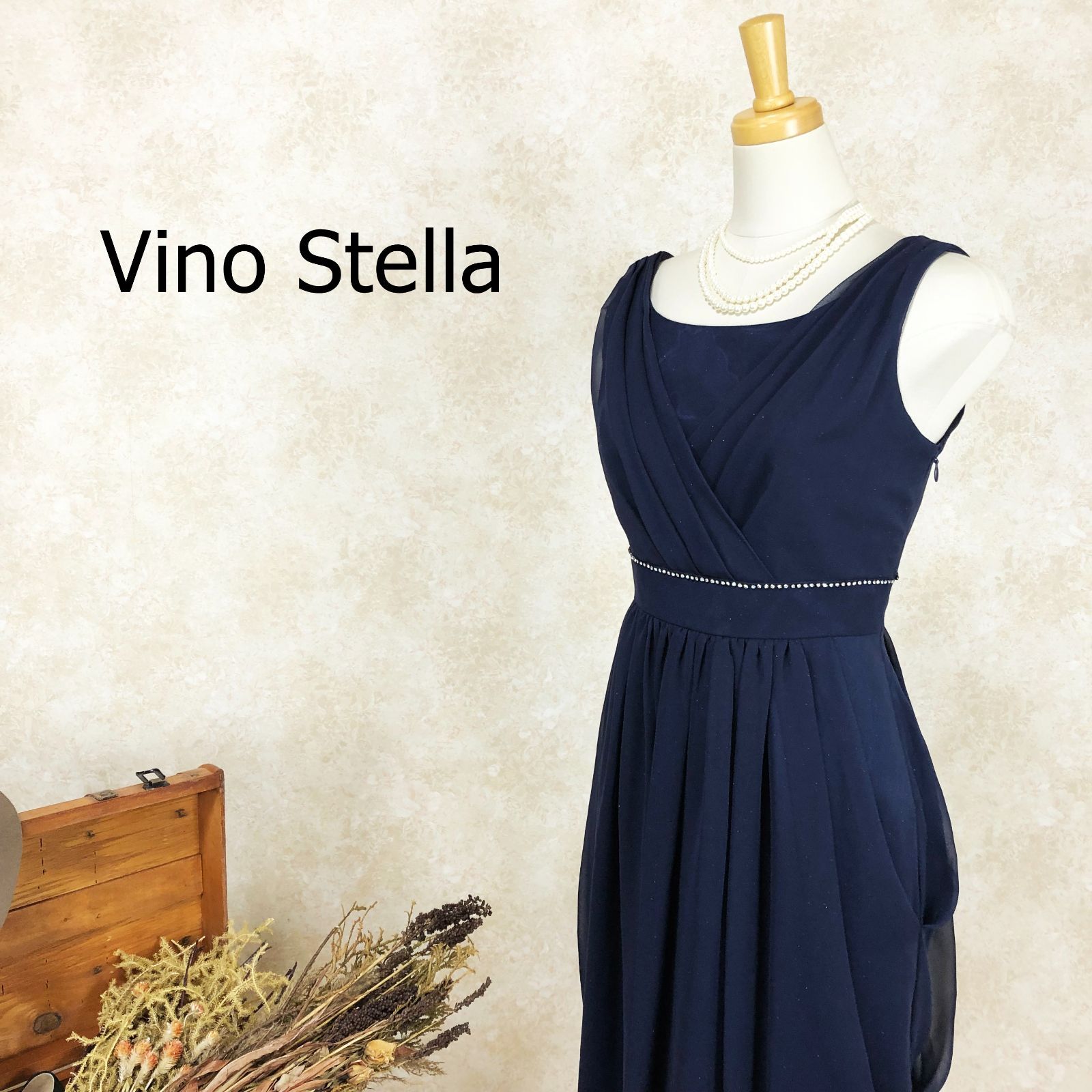 ヴィーノステラ ドレス ネイビー サイズ9AR ラメ シフォン 日本製 ひざ丈