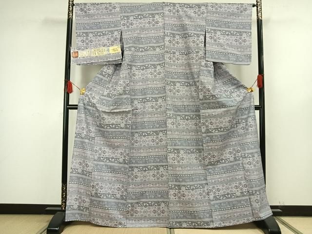 平和屋着物▽生紬　単衣　斜縞　正絹　逸品　AAAZ9218fy 平和屋着物▽平本生紬 小千谷紬 単衣 横段文 証紙付き 正絹 逸品
