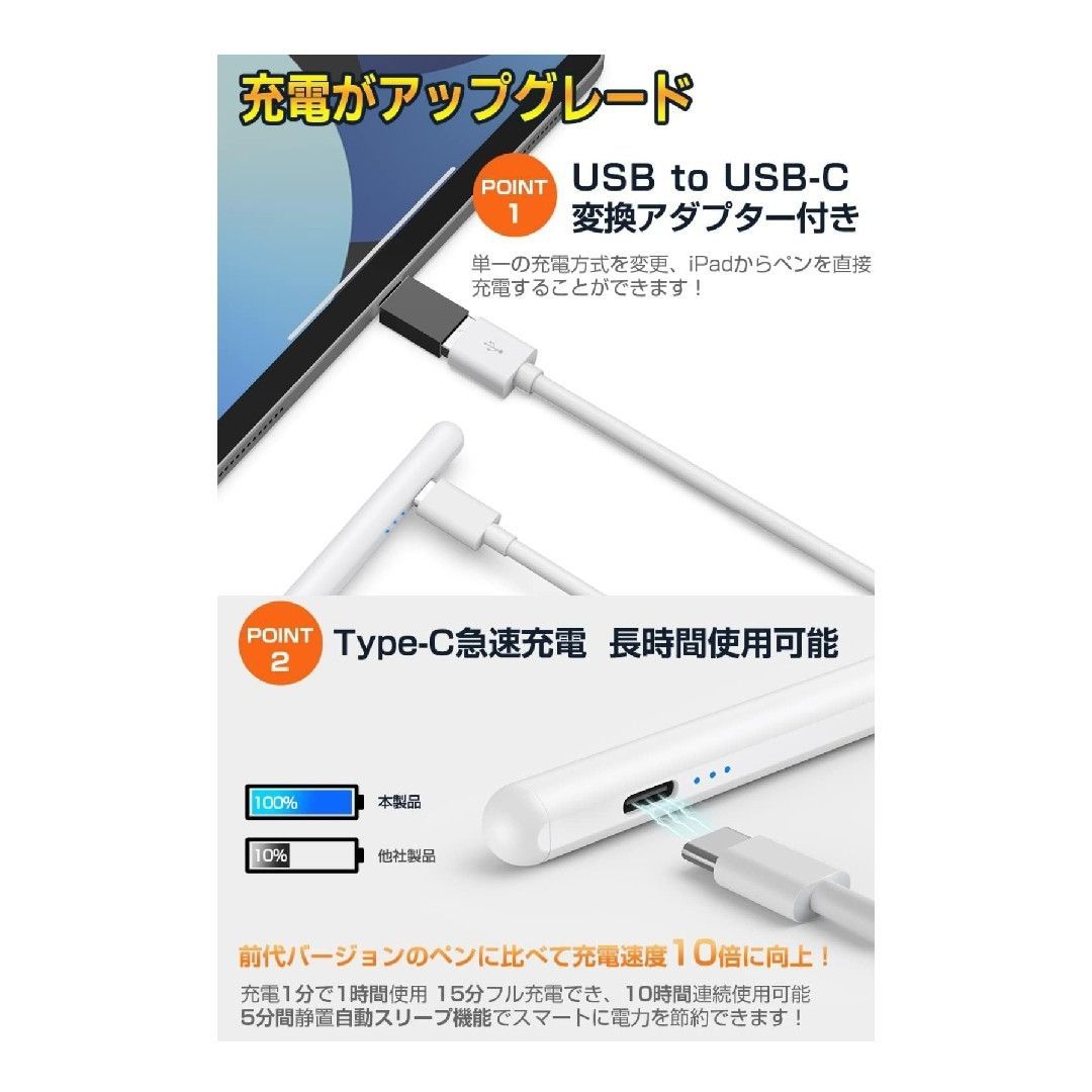 タッチペン 全機種対応 type-C急速充電 スタイラスペン 極細 スマホ