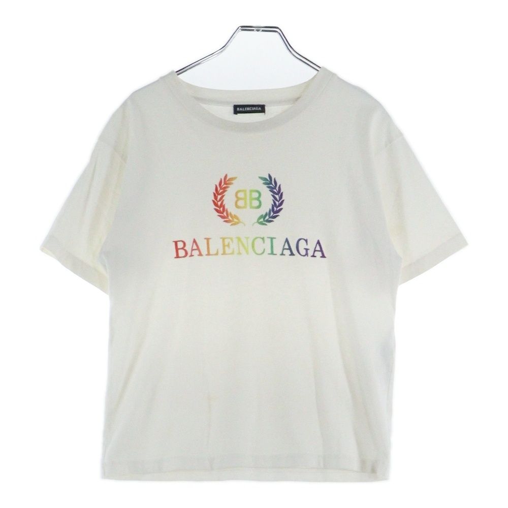 BALENCIAGA バレンシアガ レインボー刺繍ロゴ クルーネック半袖Tシャツカットソー レディース ホワイト