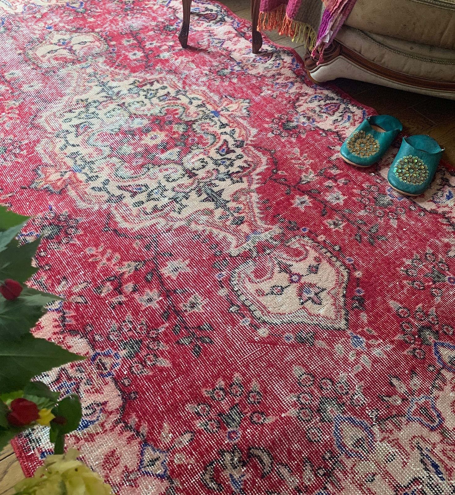 〇△□ 204cm×119cm 宝石メダリオン トルコヴィンテージラグ シャビー