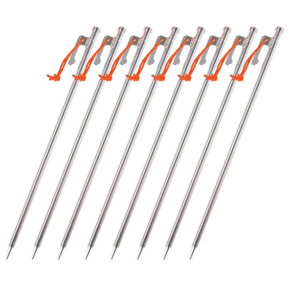 Soomloomチタン合金製ペグ長さ20cm/25cm/30cm･4本/6本/8本セットテント/タープ設営用フック付き丸い断面太いヘッド反射材入りの固定ロープ突き刺し引き抜き楽々軽量高強度耐食性耐久性キャンプ