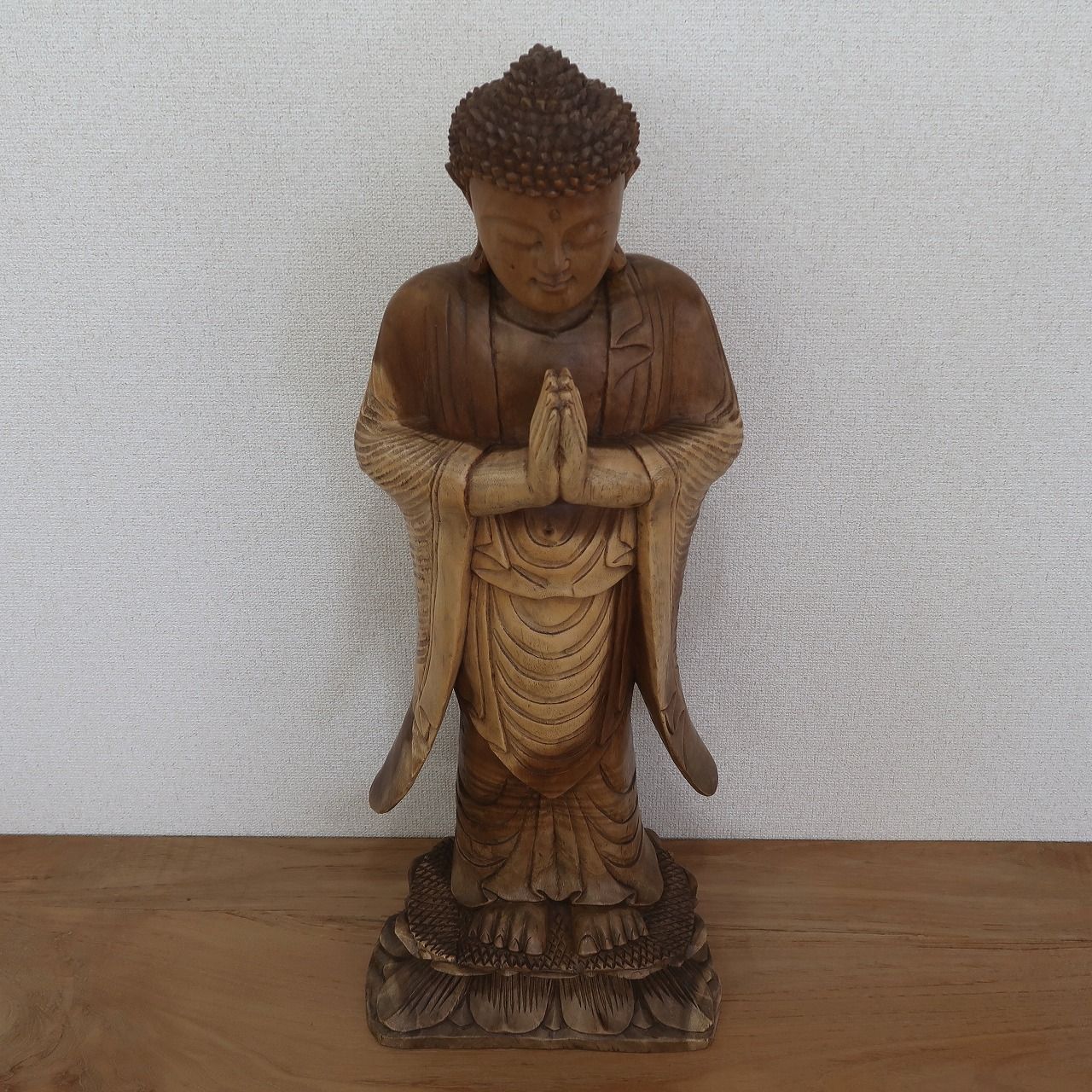 ブッダの木彫り 立像 合掌 80cm スワール無垢材 木製仏像 ブッダ