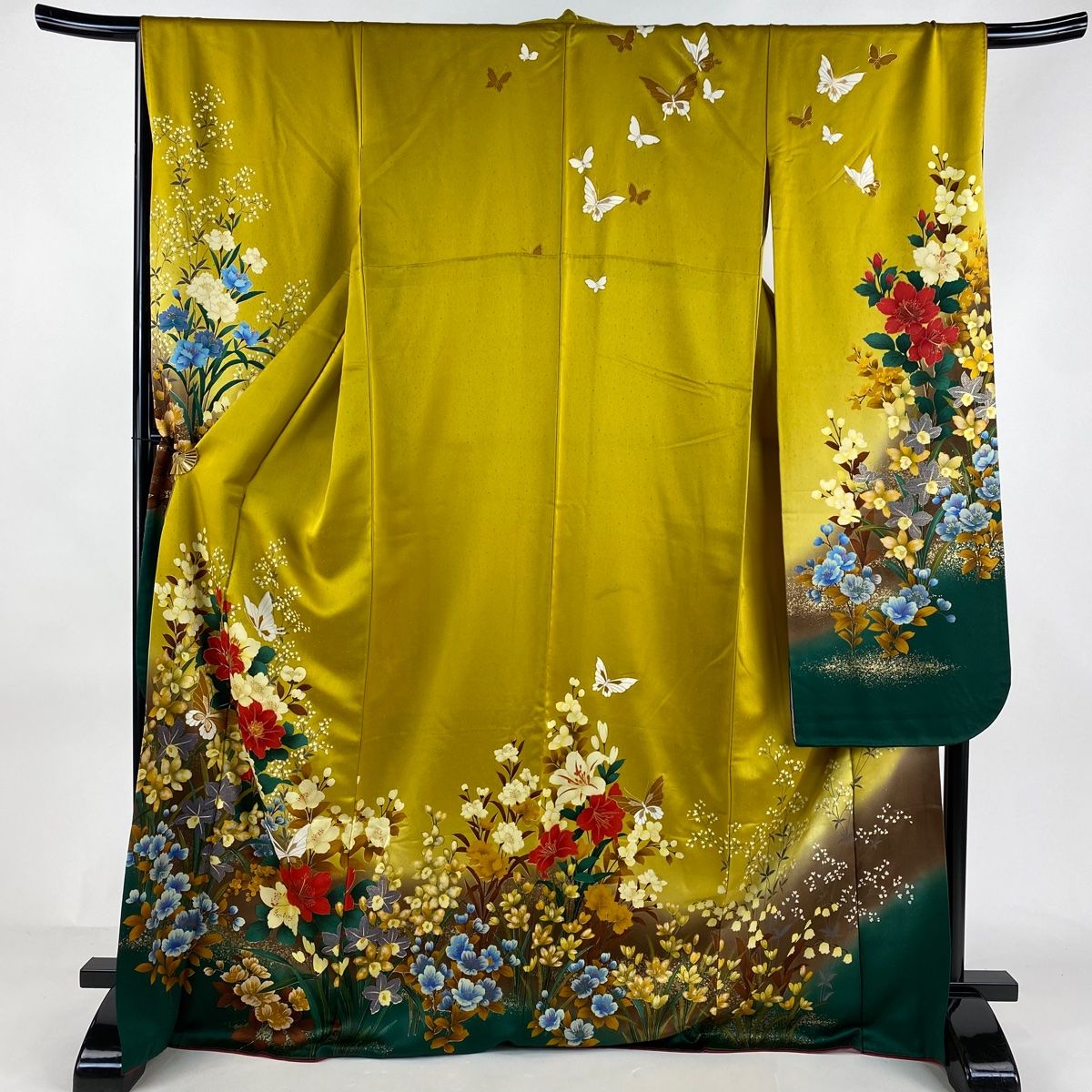 振袖 身丈169cm 裄丈69cm L 袷 バチ衿 草花 蝶 刺繍 金彩 からし色 正絹 秀品