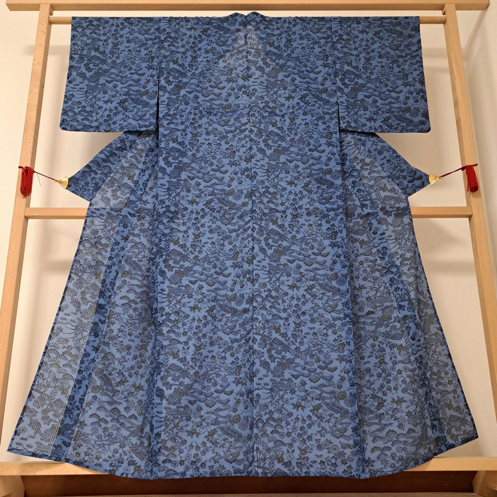 洗える着物 夏着物 絽 小紋 茶屋辻 正絹 夏 絽 小紋【本手染小紋 茶屋辻/生成り地に灰藍色 11029