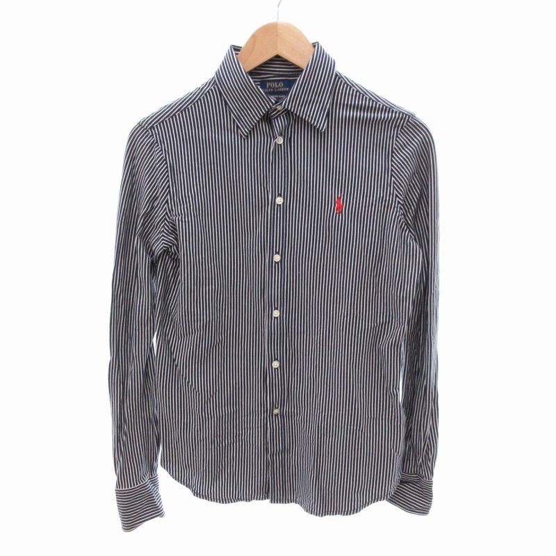 ポロ ラルフローレン POLO RALPH LAUREN 美品 KNIT DRESS SHIRT シャツ ストライプ ロゴ 刺繍 ポニー ニット地 長袖 M 紺 白 ネイビー ホワイト /HO 0122