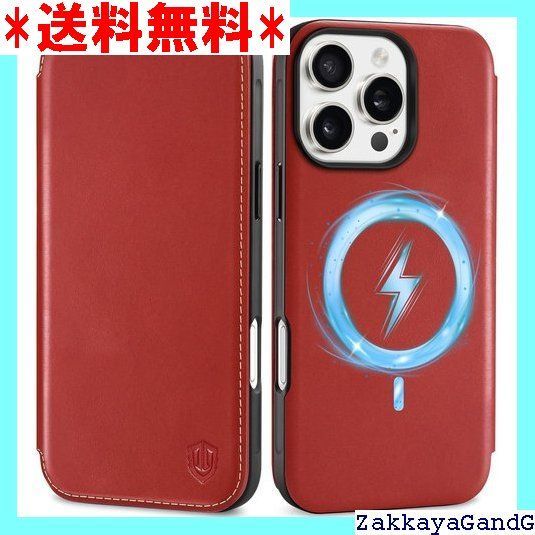 SHIELDON iPhone 16 ProMax対応 ケース 手帳型 本革 あいふぉん 16 プロマックス 対応 カバー カード収納 マグネット内蔵 衝撃吸収 RFIDブロッキング 全面保護 アイホン 16 プロマックス用 スマ レトロレッド 68