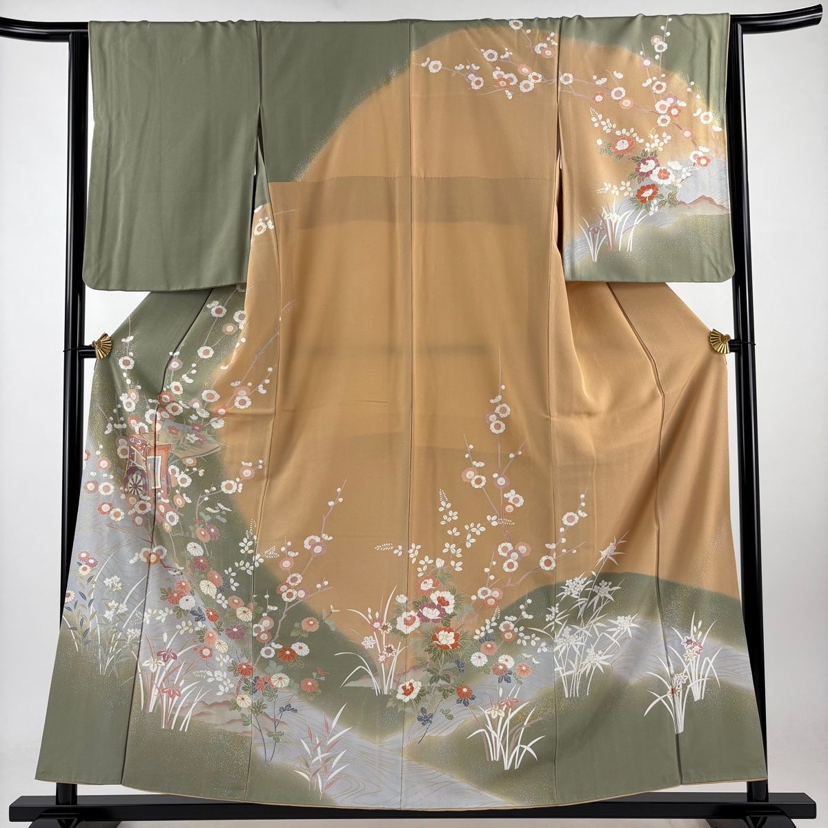 訪問着 身丈157cm 裄丈64cm M 袷 御所車 枝梅 金糸 金銀彩 灰緑 正絹 秀品