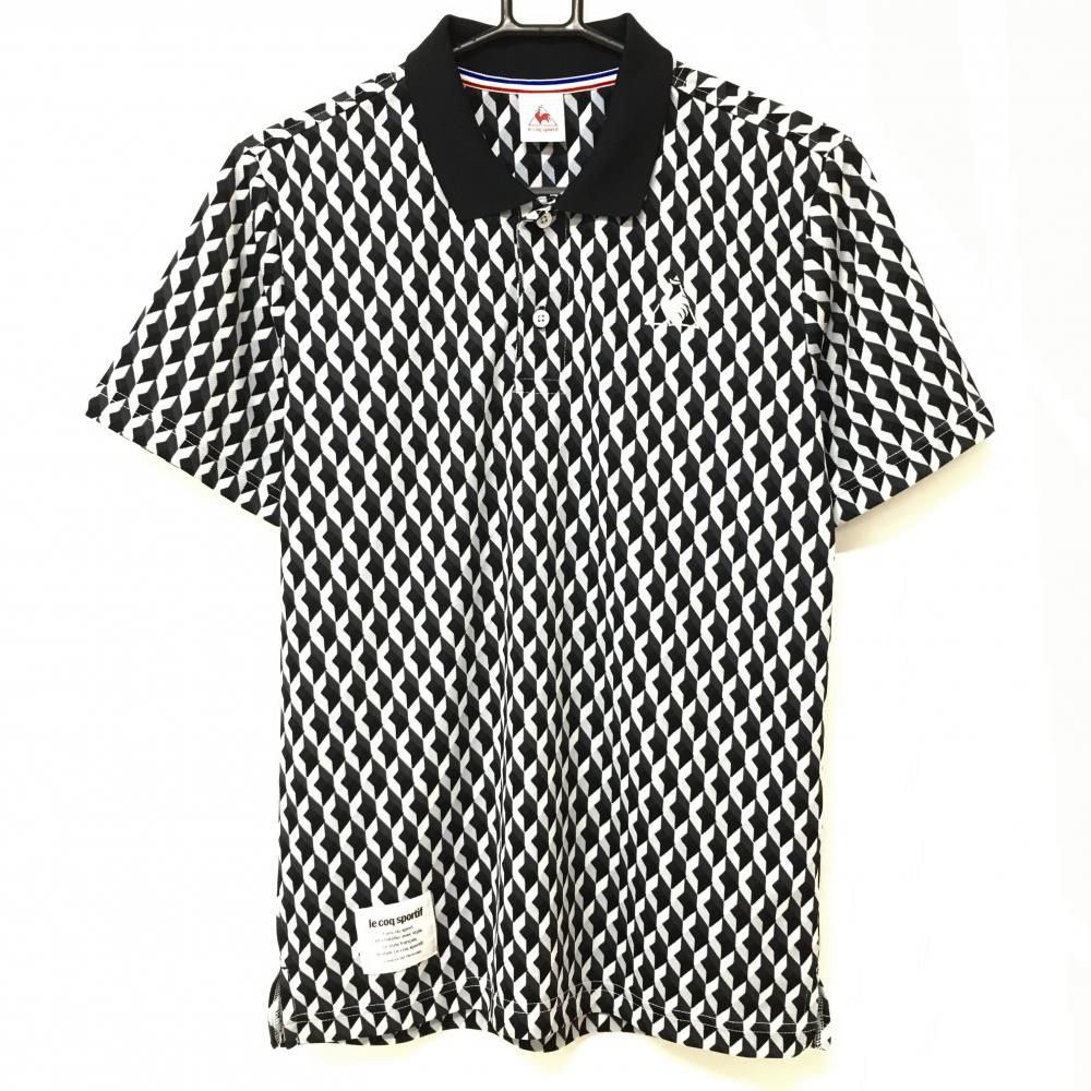 値下げ【超美品】ルコック 半袖ポロシャツ 黒×グレー 立方体総柄 ロゴ刺しゅう メンズ M ゴルフウェア le coq sportif
