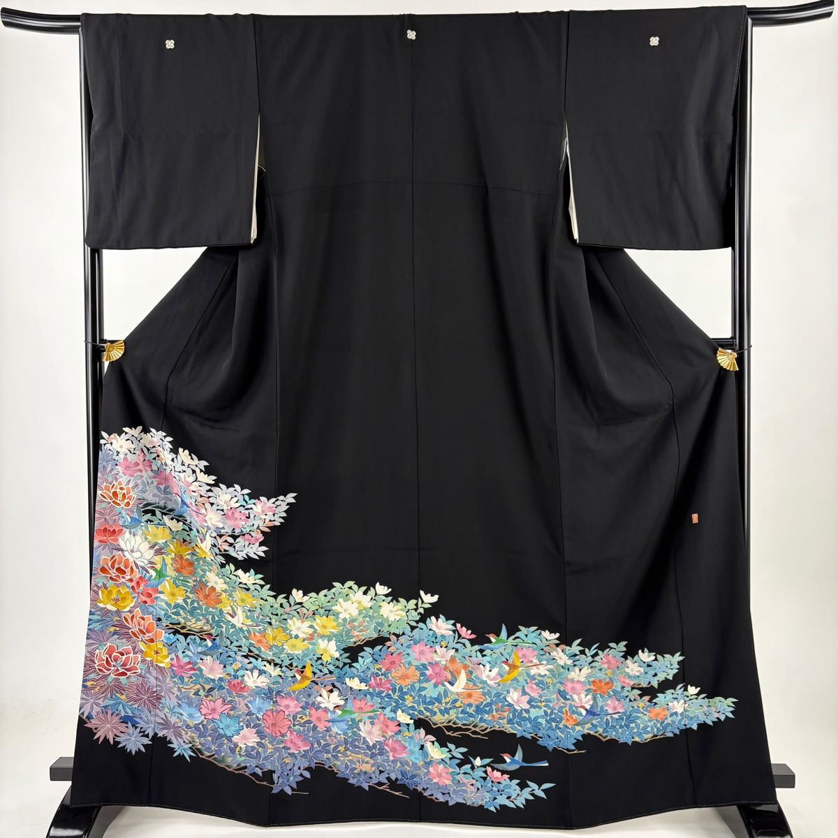 黒留袖 身丈167.5cm 裄丈65cm M 袷 加賀友禅 落款 枝花 鳥 黒 正絹 名品