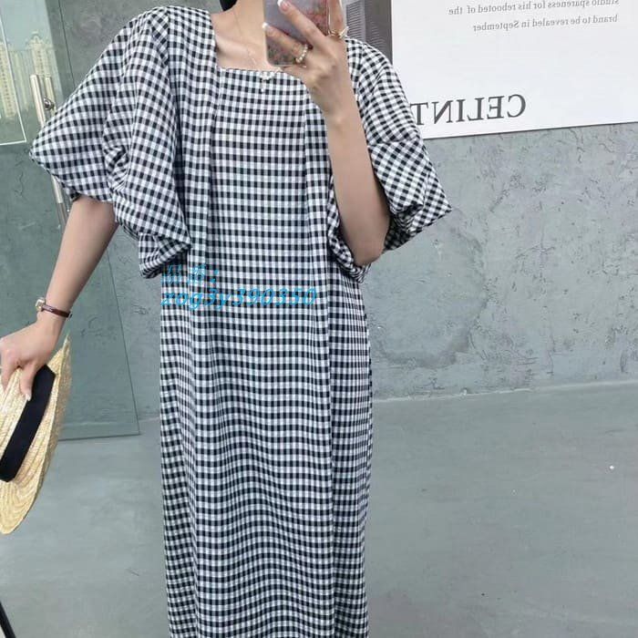 ボリューム袖 ワンピース ギンガムチェック 春夏 半袖 ロング丈 きれいめ 30代 旅行 60代 お出かけ 女子会 40代 ワンピース 上品 50代 zog3y390350