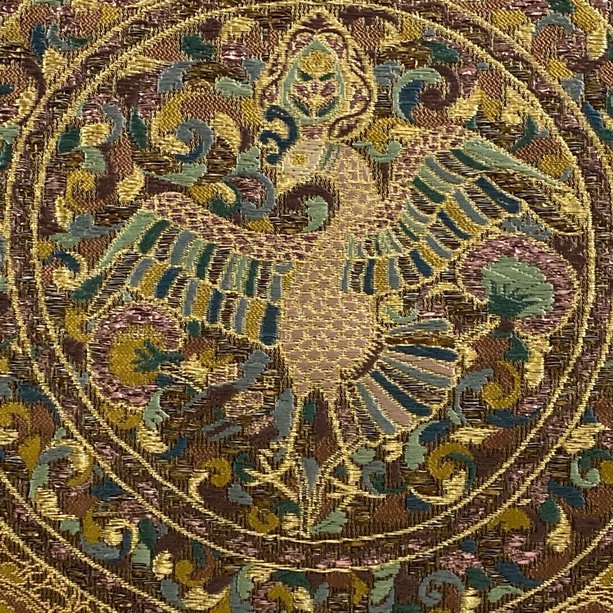 人気アイテムが再入荷！ 袋帯 秀品 鳥 花唐草 金糸 箔 山吹茶色 お太鼓柄 正絹 【品質保証書】