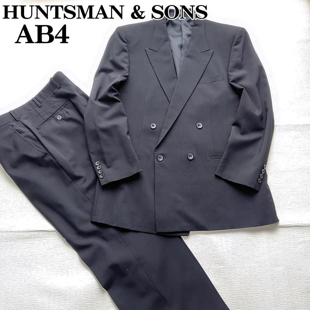 オールシーズン|英国王室御用達の風格| H. HUNTSMAN - SONS ハンツマン ダブルブレストスーツ AB4 Mワイド 黒 メンズ|KINDWEAR製 冠婚葬祭