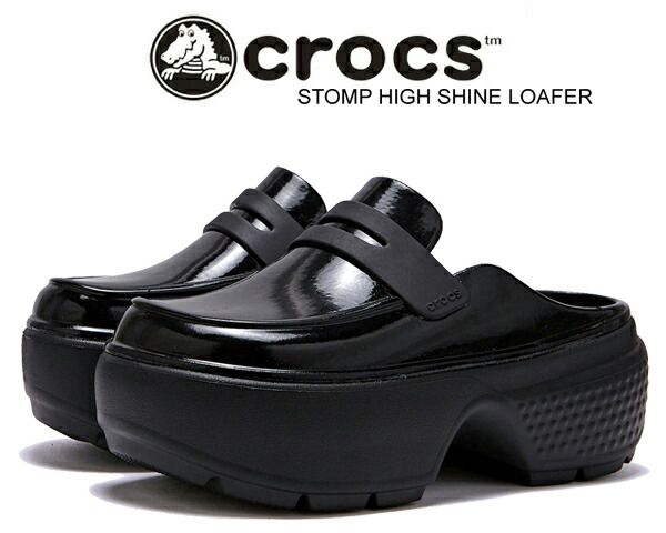 クロックス ストンプ ハイ シャイン ローファー crocs STOMP HIGH SHINE LOAFER BLACK 210659-001 厚底 ブラック サンダル 光沢 ミュール