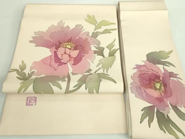 平和屋着物 上 塩瀬 つけ帯 作家物 枝花文 ろうけつ染 薄香色地 DZAA9760kh5