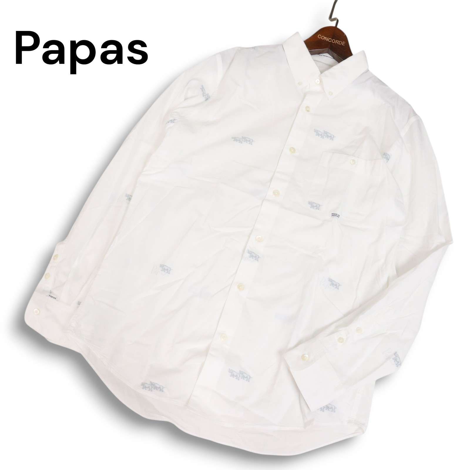 パパス刺繍長袖シャツ Papas パパス 通年 ロゴ&サイ 刺繍☆ 長袖 ボタンダウン シャツ Sz.M