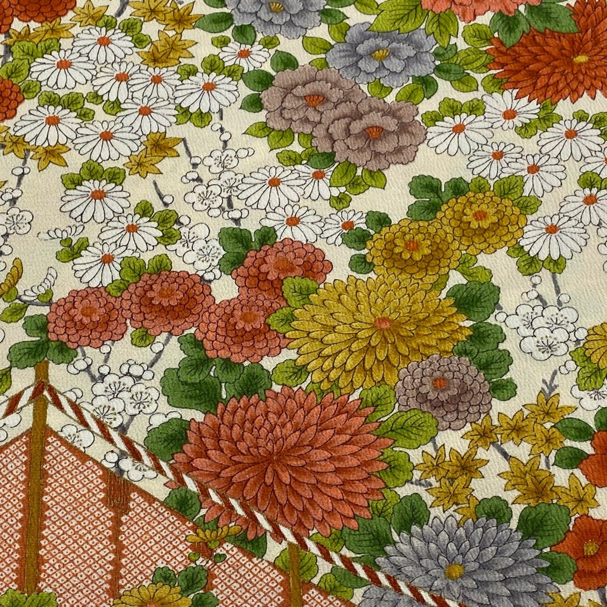 反物 秀品 小紋 草花 幔幕 クリーム 正絹