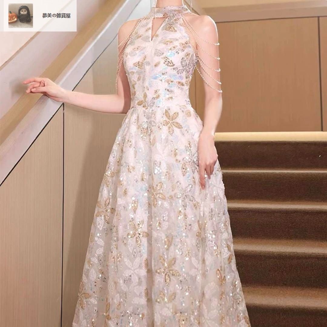 ♥ レディースファッション スパンコールのお花のデザインが美しい ホルターネック ドレス