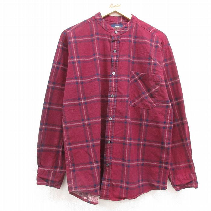 L/古着 長袖 ヘビー フランネル シャツ メンズ 00s コットン ノーカラー エンジ系他 チェック 25feb05 中古 トップス