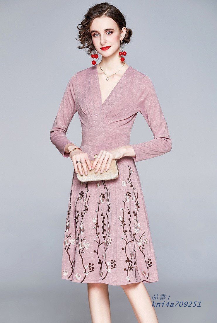 新着 ワンピース M-3L 花柄刺しゅう 上品 Vネック 長袖 膝上丈 2次会 202111 ウエストリボン パーティ 202112 通勤 結婚式 おでかけ kni4a709251