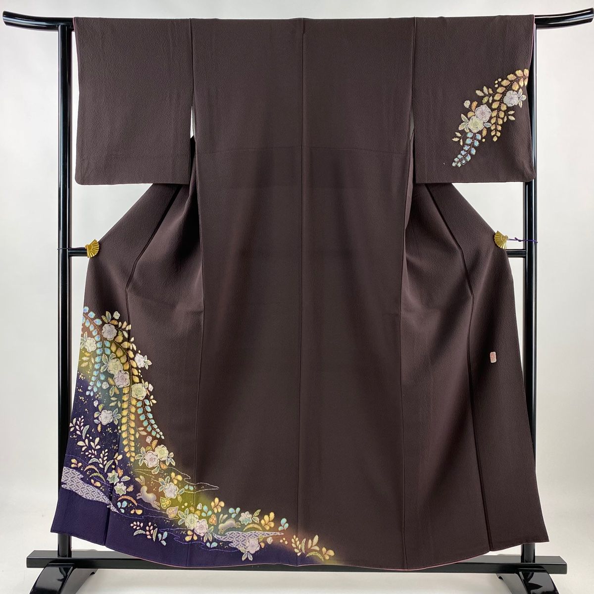 訪問着 身丈170cm 裄丈69cm L 袷 辻が花 売り払っ 金彩 ぼかし 黒 正絹 美 