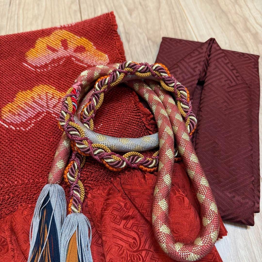 超美品 正絹 帯揚げ 帯締め 2点セット 着物 小物 和装 ピンク 紅色 紫