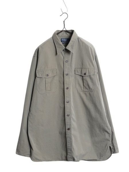なクーポン配布中! 90s ポロ ラルフローレン 長袖 ワーク シャツ メンズ L 無地 マチ付き ヴィンテージ モデル ポニー無し カーキ