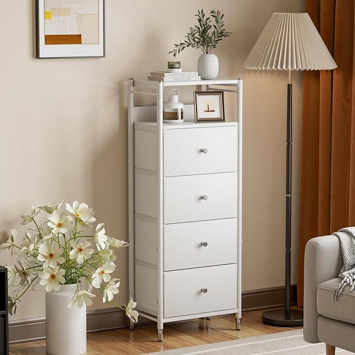 IKIFLY チェスト収納 タンス スリム ハイチェスト棚付き 軽量 服収納 箪笥布製 衣装ケース 洋服タンス 衣類収納 大容量 リビング収納 寝室収納 北欧 一人暮らし5段4杯 幅46x奥行30x高さ120cm ホワイト