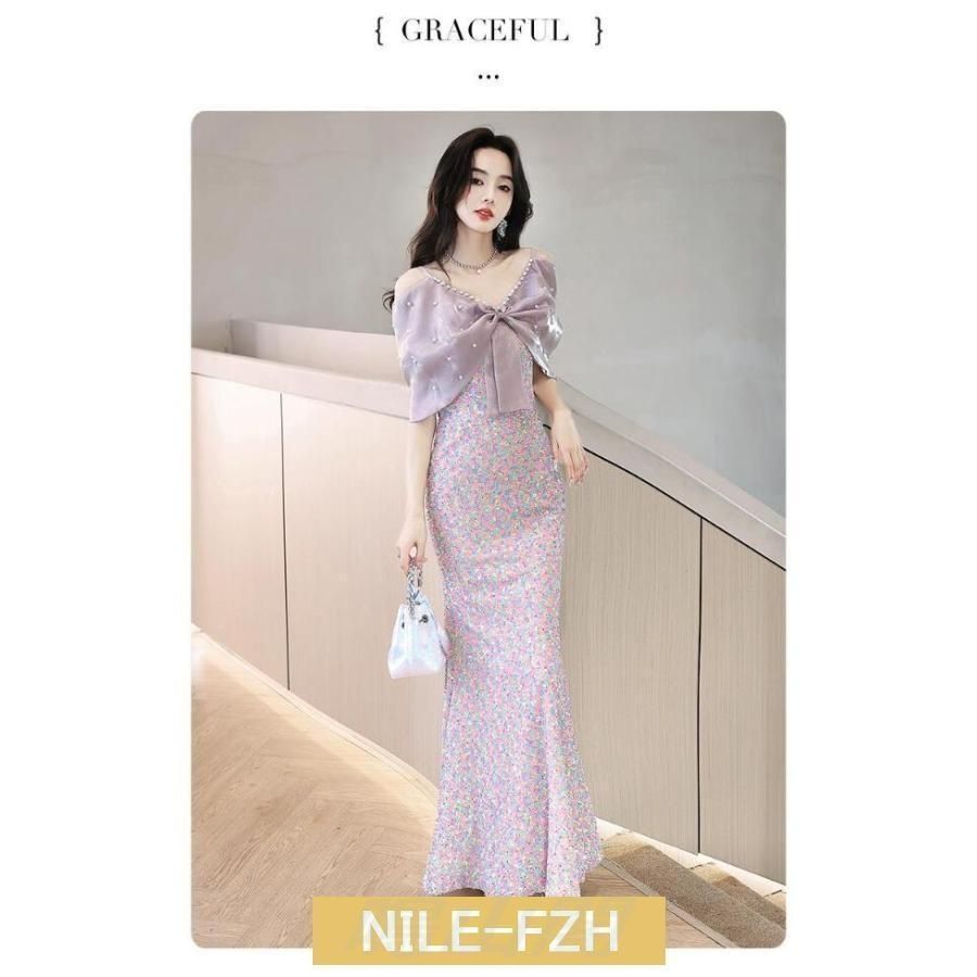 マーメイドドレス イブニングドレス オフショルダー パール 発表会ドレス タイトドレス パーティードレス 優雅 エレガント お呼ばれドレス WP数量 価格926