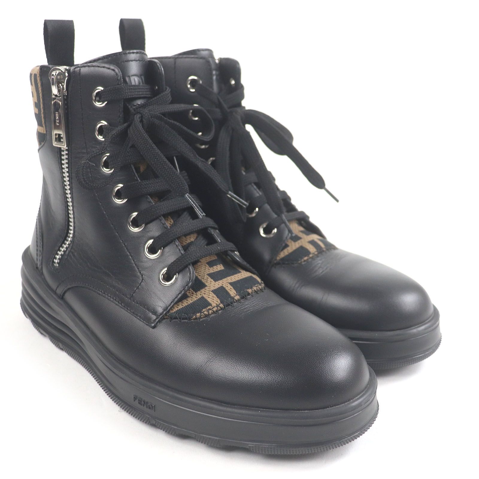 FENDI フェンディ 7U1399 レザー FFロゴ ズッカ サイドジップ レースアップ アンクルブーツ ブラック 7 イタリア製 メンズ