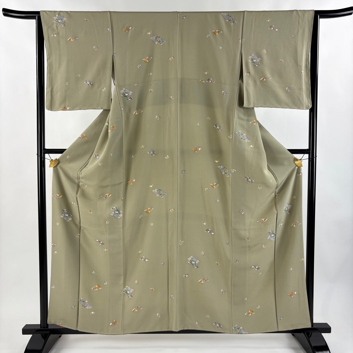 小紋 身丈158cm 裄丈64cm M 袷 反物 草花 金彩 灰緑 正絹 秀品