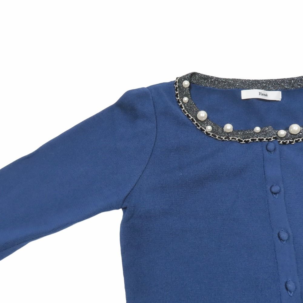 新品同様 13AW Rene ルネ カーディガン ブレンドコットン ニット ラウンドネック 長袖 ショート丈 パールビーズ チェーン セーター 36 青 レディース 古着 中古 新品同様 13AW Rene ルネ カーディガン ブレンドコットン ニット