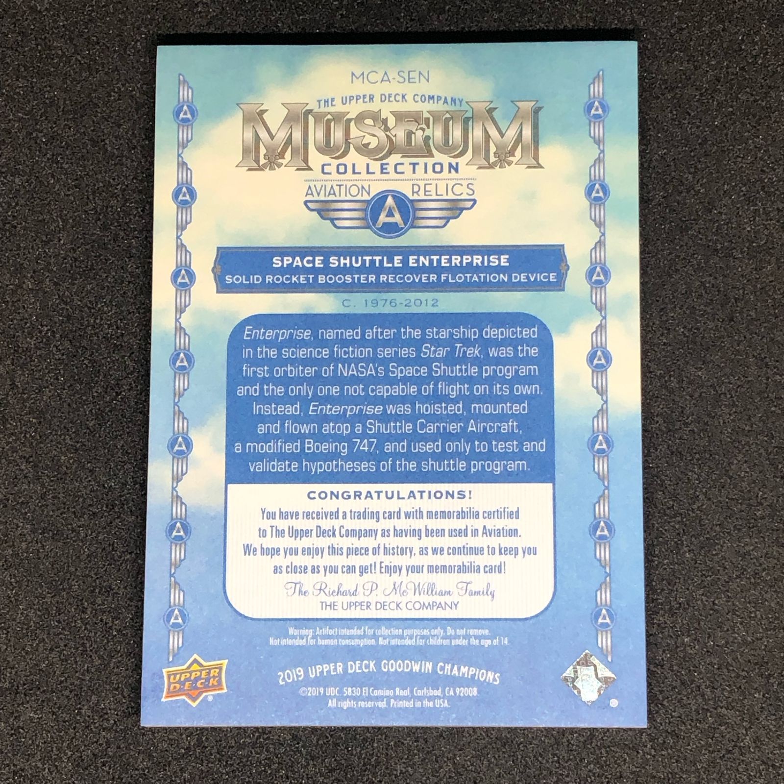スペースシャトル エンタープライズ 宇宙船パーツ 2019 Upper Deck Goodwin Champions Museum Collection Aviation Relics MCA-SEN