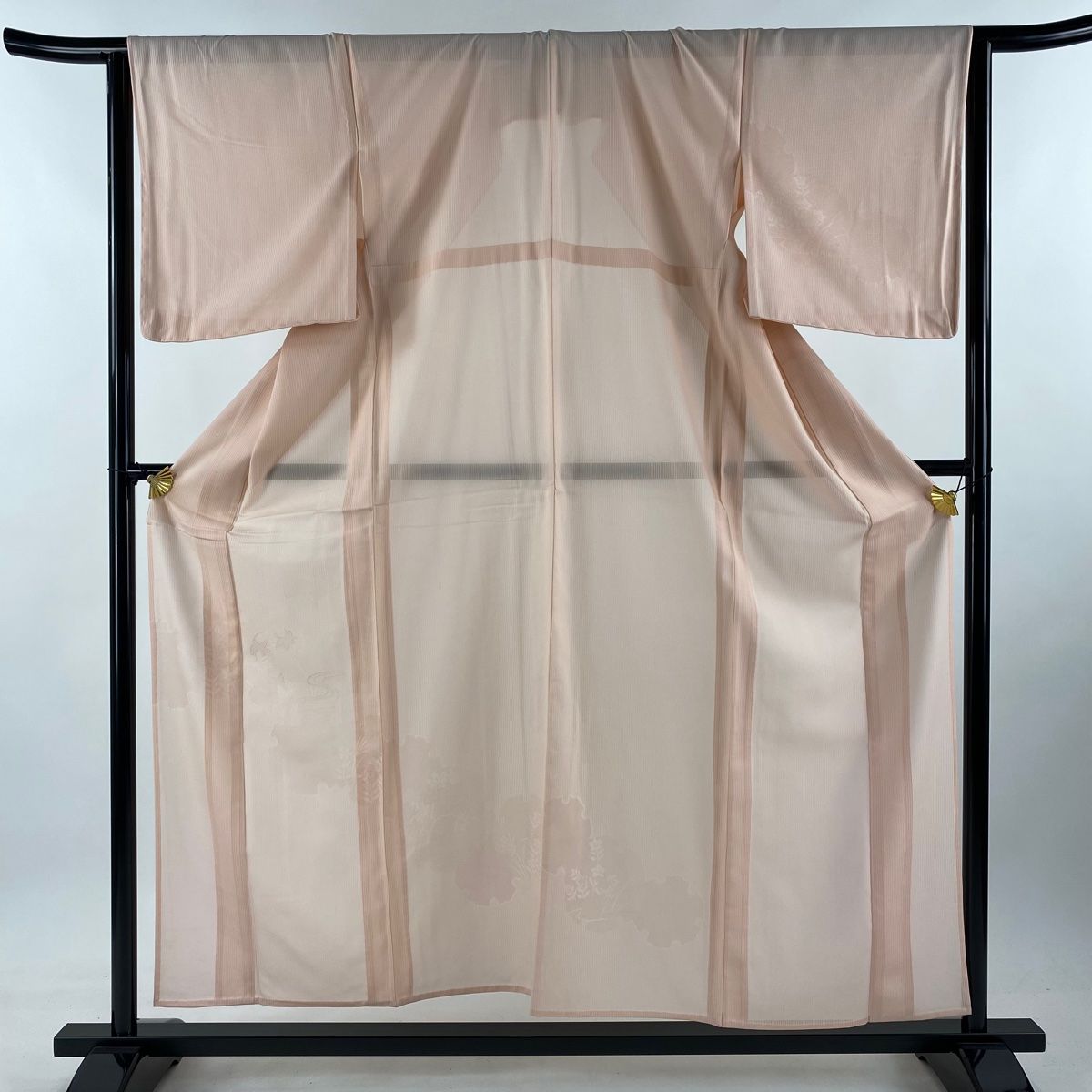 色無地 身丈156cm 裄丈66cm M 薄物 縦絽 地紋 薄ピンク 正絹 名品 一つ紋