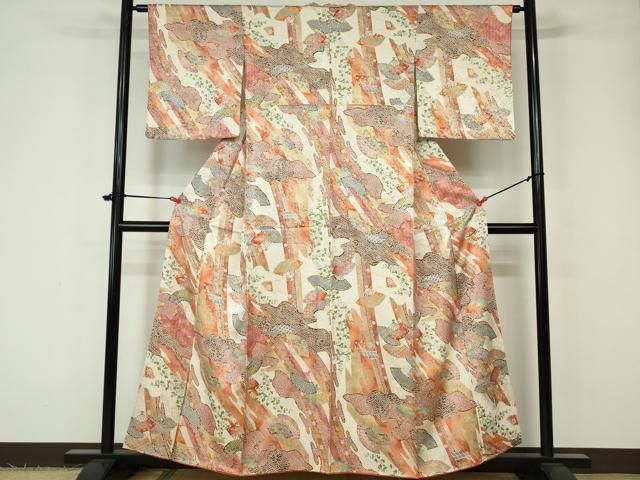 未着用　小紋　扇　花模様　金彩　着物　024w 未着用小紋扇花模様金彩着物024w