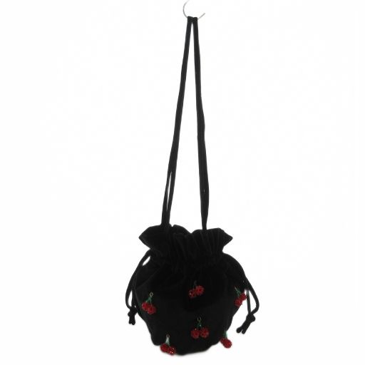ツル バイ マリコオイカワ TSURU by Mariko Oikawa 巾着バッグ ベロア 黒 ブラック チェリーモチーフ さくらんぼ UO