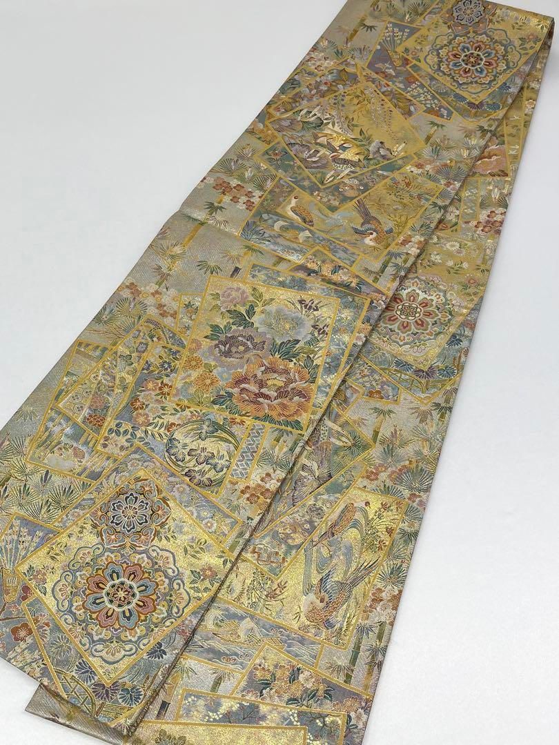 西陣あさぎ 近代花鳥画 袋帯 リス 鳥 動物 正絹 全通 H313 西陣あさぎ 近代花鳥画 袋帯 リス 鳥 動物 正絹 全通 H313