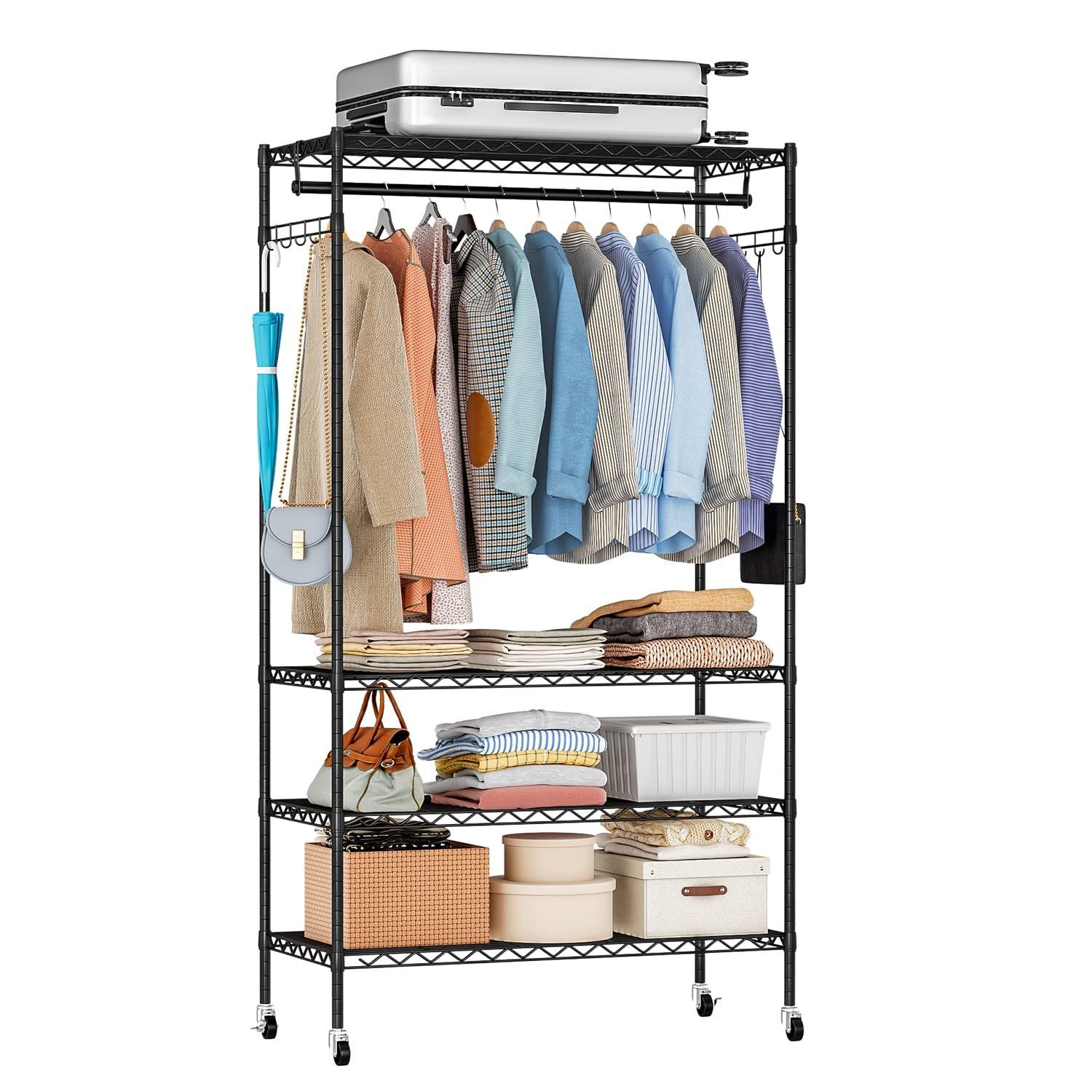 90cm×奥行45cm×高さ180cm 棚3段 高さ調節 メタル製ラック 衣類収納用 洋服掛け スチールラック ハンガーラック ワードローブ メタルラック Fainyearn NEXPOTALLINN_EU