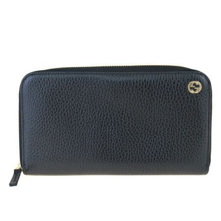 【中古】 美品 グッチ GUCCI ラウンドファスナー 長財布 インターロッキング ブラック レザー 61BK447