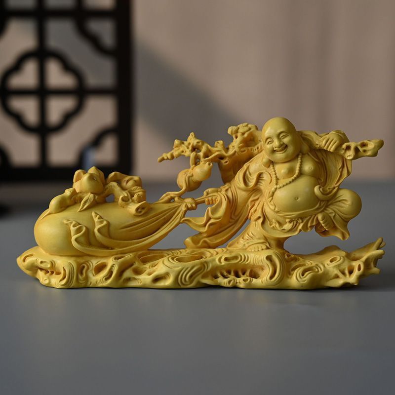 ♥セール天然黄楊（柘植）木 一本木彫り 七福神 布袋尊様立像 手作り