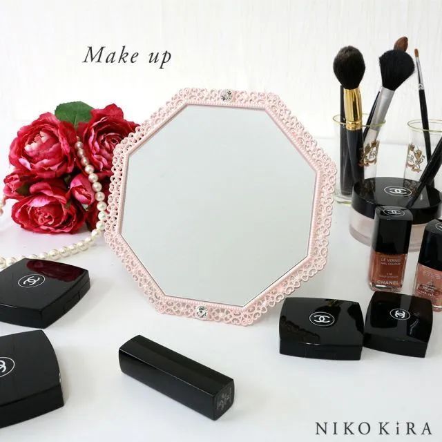 風水 魔除け 鏡 八角鏡 玄関 インテリア 開運 八角形 鏡 かがみおしゃれ 八角ミラー 幸運 スタンド 卓上 卓上鏡 卓上ミラー メイク メイク鏡 化粧鏡 トイレ 16cm 17cm ホワイト ピンク ゴールド 