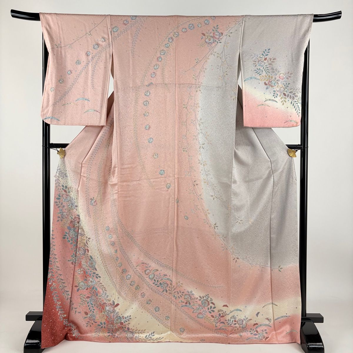 訪問着 身丈172cm 裄丈68cm L 袷 辻が花柄 藤 金彩 ぼかし ピンクベージュ 正絹 名品